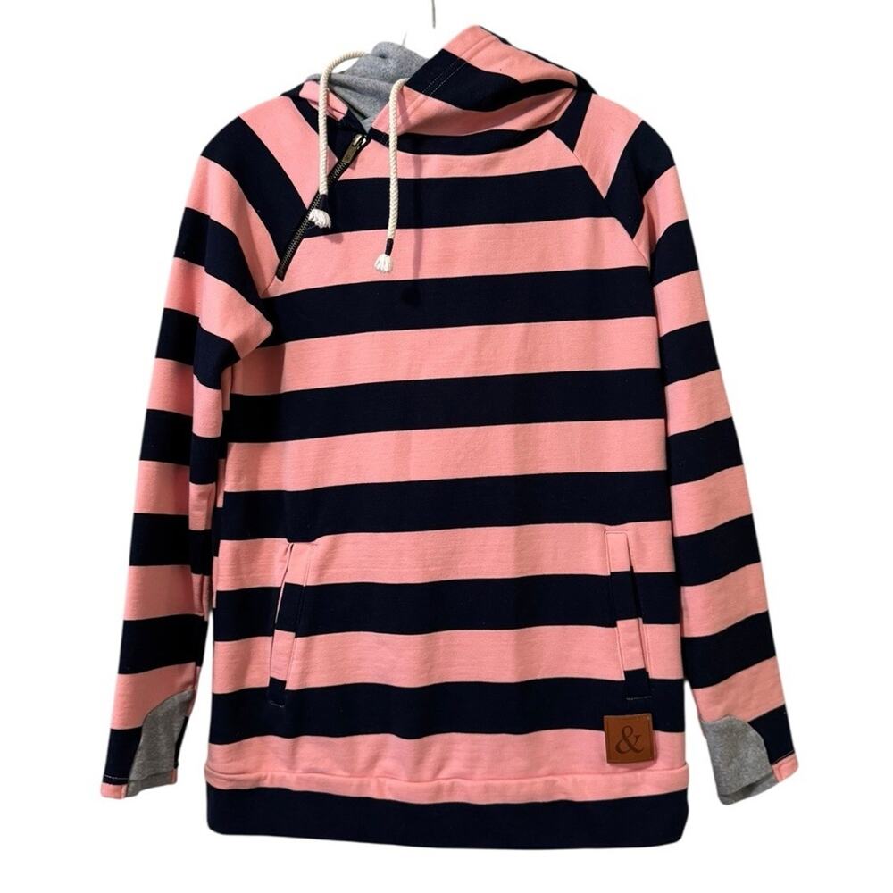 Ampersand Avenue Medium Double Hood Pink Navy Striped Sweatshirt Nautical Casual